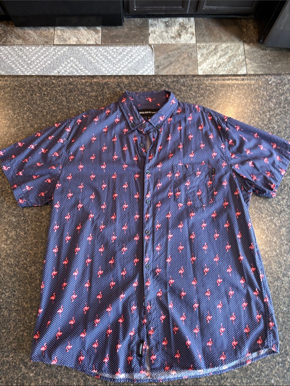 Men's Molokai Surf Co. Size XL Navy Flamingo Print Short-Sleeve Shirt